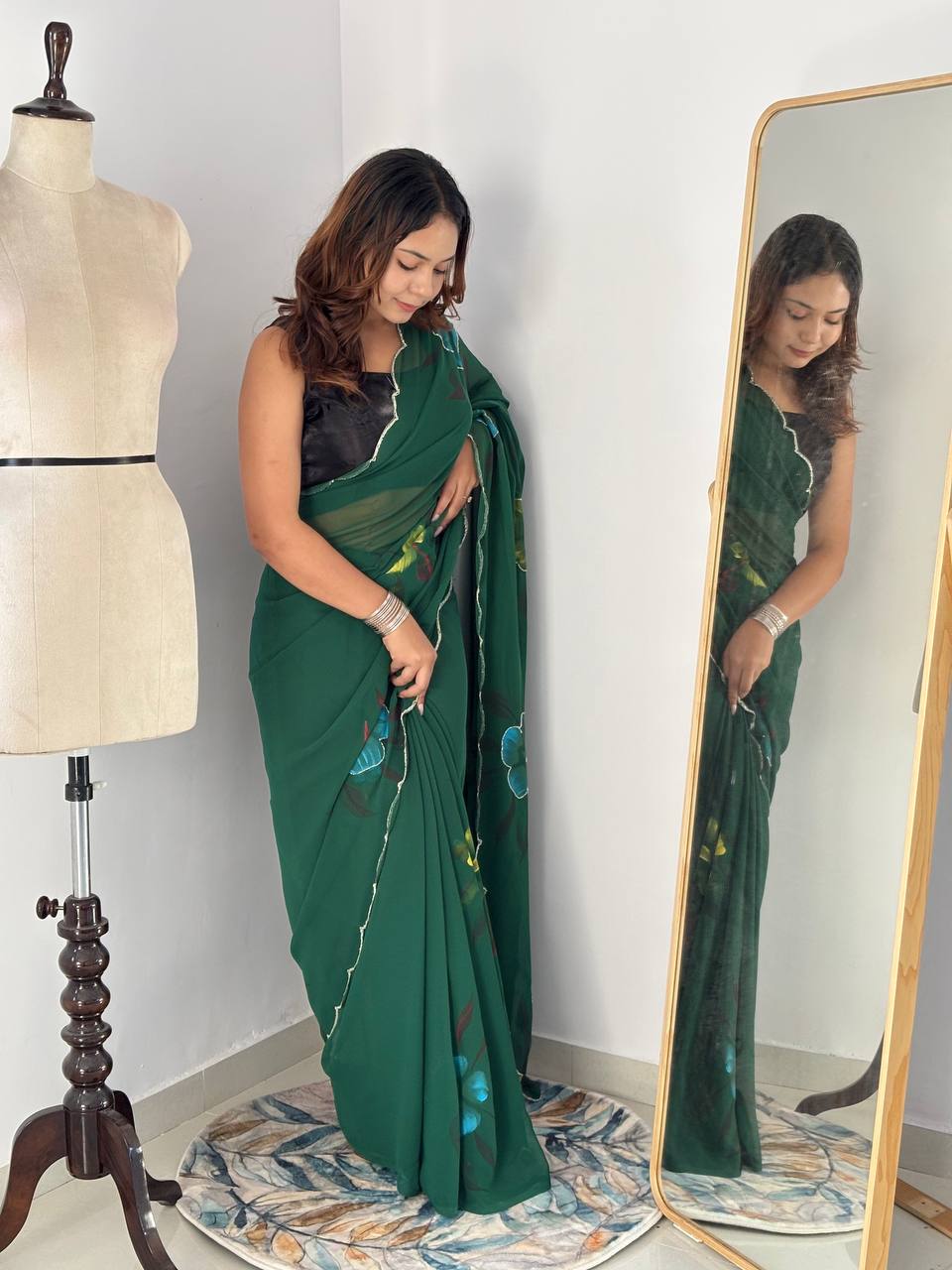 Celebrity Style Handpainted Green Georgette Saree with Cut Dana Khatali Work