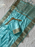 Aqua Blue Super Shine Space Silk Saree with Pure Zari Belt Border