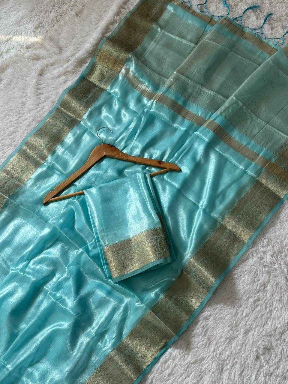 Aqua Blue Super Shine Space Silk Saree with Pure Zari Belt Border