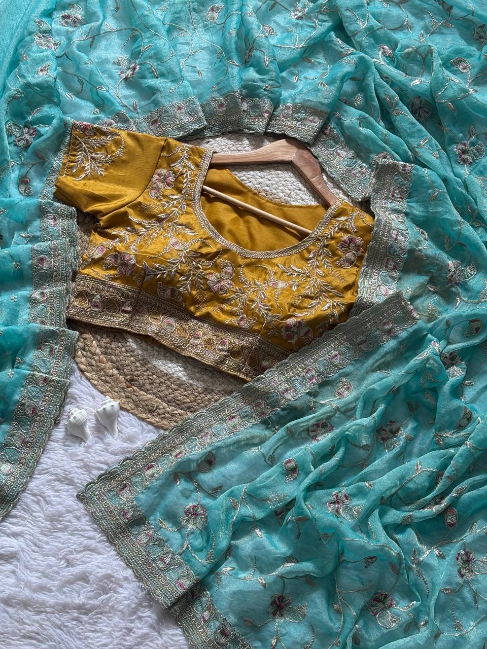 Sea Green NC Satin Wedding Saree with Rich Zari Meena Embroidery and Stitched Blouse