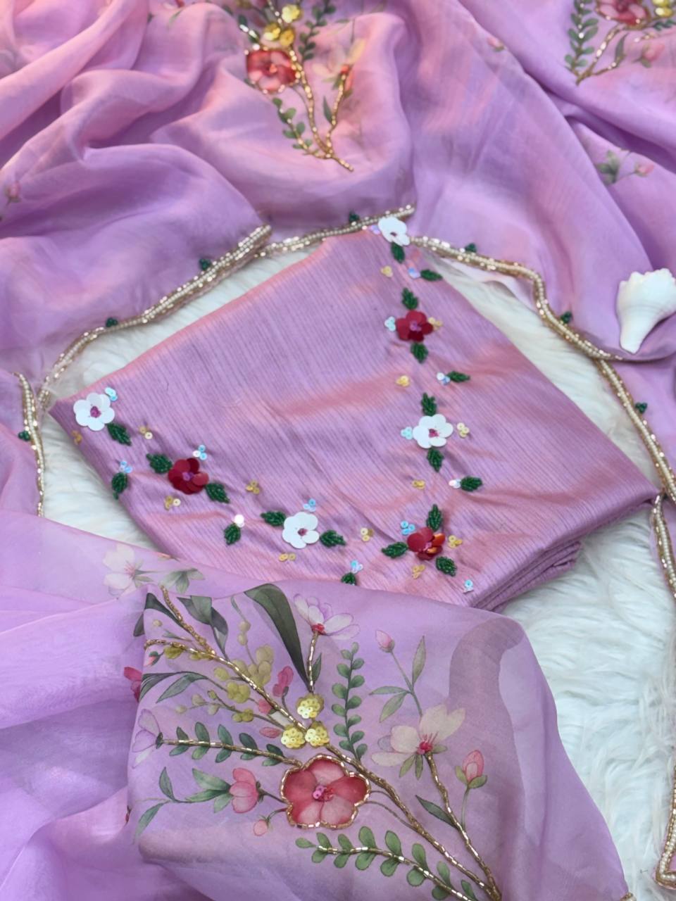 Soft Pink Tabi Organza Celebrity Style Saree with Floral Handwork