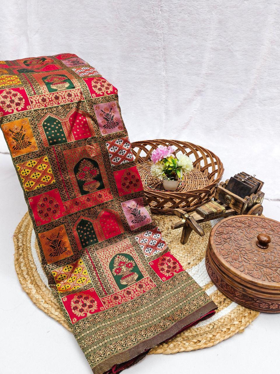 Sabita – Maroon Red Banarasi Soft Silk Saree with Traditional Zari Panel Weave